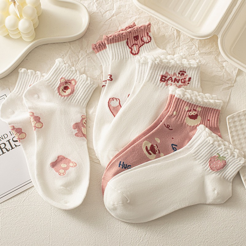 Set 5 Đôi Tất Vớ Cổ Ngắn Hoạ Tiết Gấu Hồng Cổ Bèo Siêu Xinh