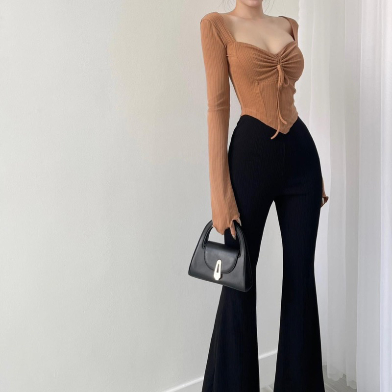 New Áo croptop dây rút vạt nhọn tay loe, Áo croptop tay dài mặc 2 kiểu, áo kiểu nữ body