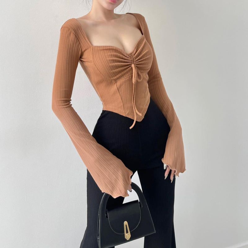 New Áo croptop dây rút vạt nhọn tay loe, Áo croptop tay dài mặc 2 kiểu, áo kiểu nữ body
