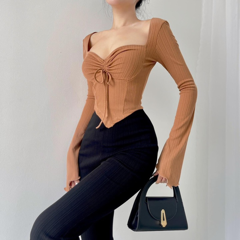 New Áo croptop dây rút vạt nhọn tay loe, Áo croptop tay dài mặc 2 kiểu, áo kiểu nữ body