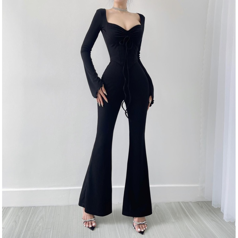 New Áo croptop dây rút vạt nhọn tay loe, Áo croptop tay dài mặc 2 kiểu, áo kiểu nữ body