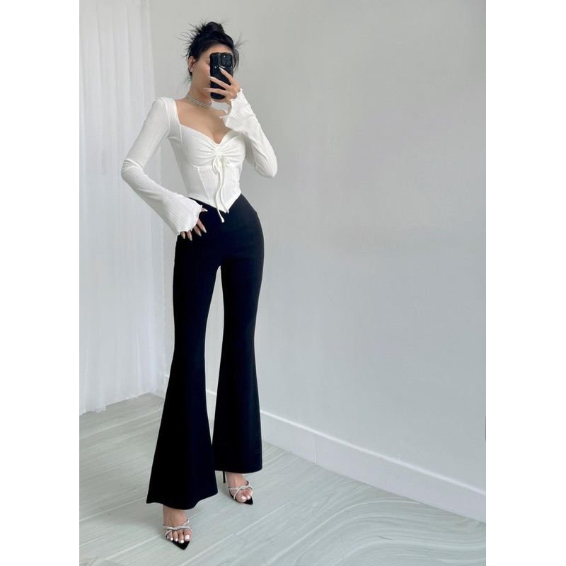 New Áo croptop dây rút vạt nhọn tay loe, Áo croptop tay dài mặc 2 kiểu, áo kiểu nữ body