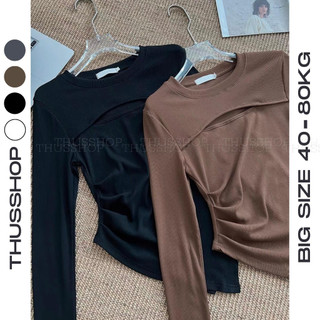 Áo thun dài tay khoét ngực sexy bigsize, áo kiểu vạt nhọn rúm eo thu đông cotton tăm co dãn thus62