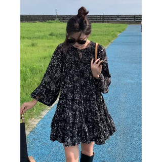 Váy babydoll hoa nhí đen form rộng thắt nơ dáng xòe Ulzzang