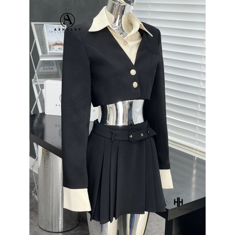 Set váy vest nữ gồm áo vest croptop mix sơ mi trắng và chân váy xếp ly bản to dáng xoè ❤️  𝐌𝐀𝐂𝐇𝐈 𝐒𝐄𝐓 - 𝐀𝐒𝐇𝐘𝐋𝐄𝐘 ❤️