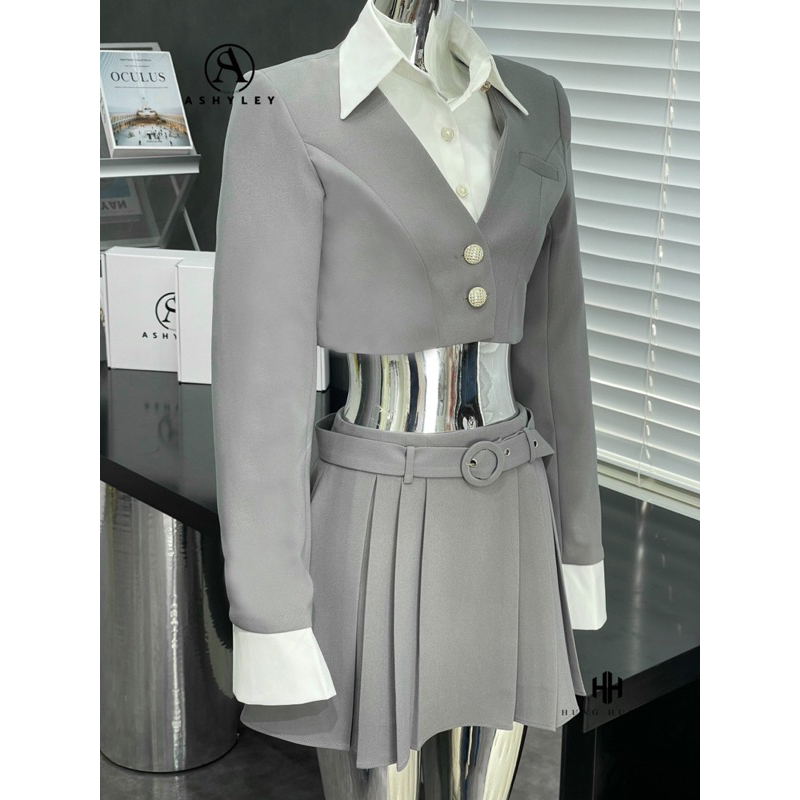 Set váy vest nữ gồm áo vest croptop mix sơ mi trắng và chân váy xếp ly bản to dáng xoè ❤️  𝐌𝐀𝐂𝐇𝐈 𝐒𝐄𝐓 - 𝐀𝐒𝐇𝐘𝐋𝐄𝐘 ❤️