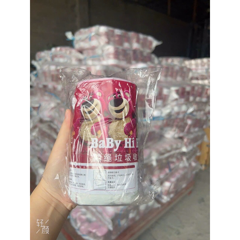 Túi rác dây rút gấu dâu, túi rác có quai xách gấu dâu