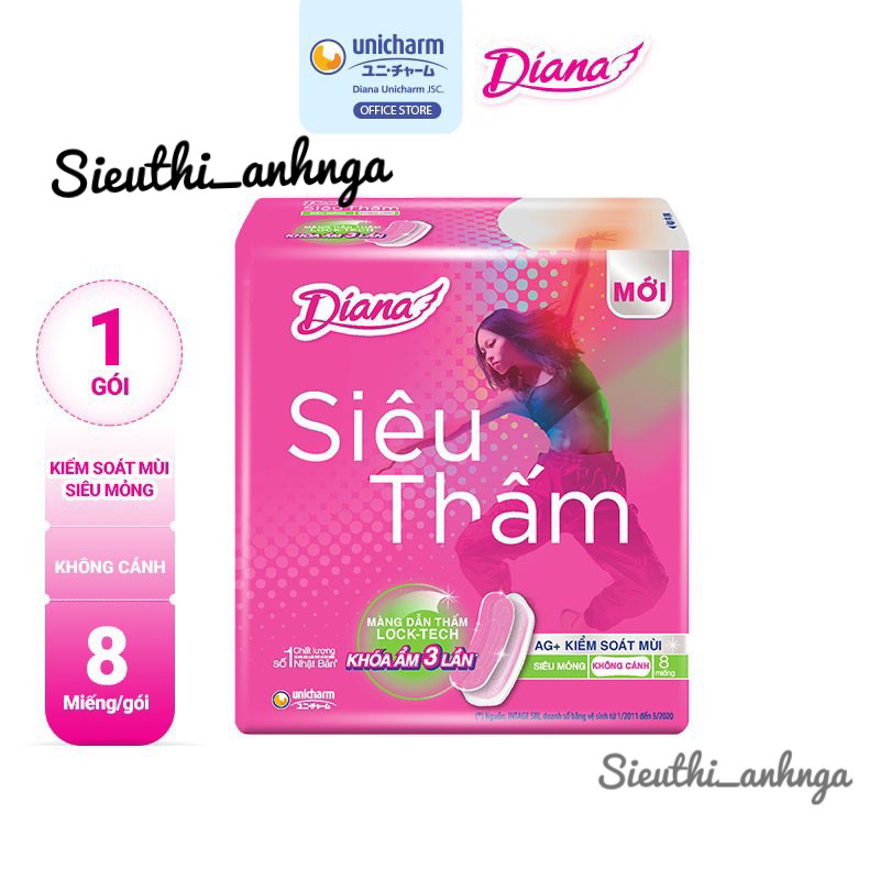 Băng Vệ Sinh Diana Siêu Thấm Cool Fresh Gói 8 Miếng Không Cánh/Có Cánh