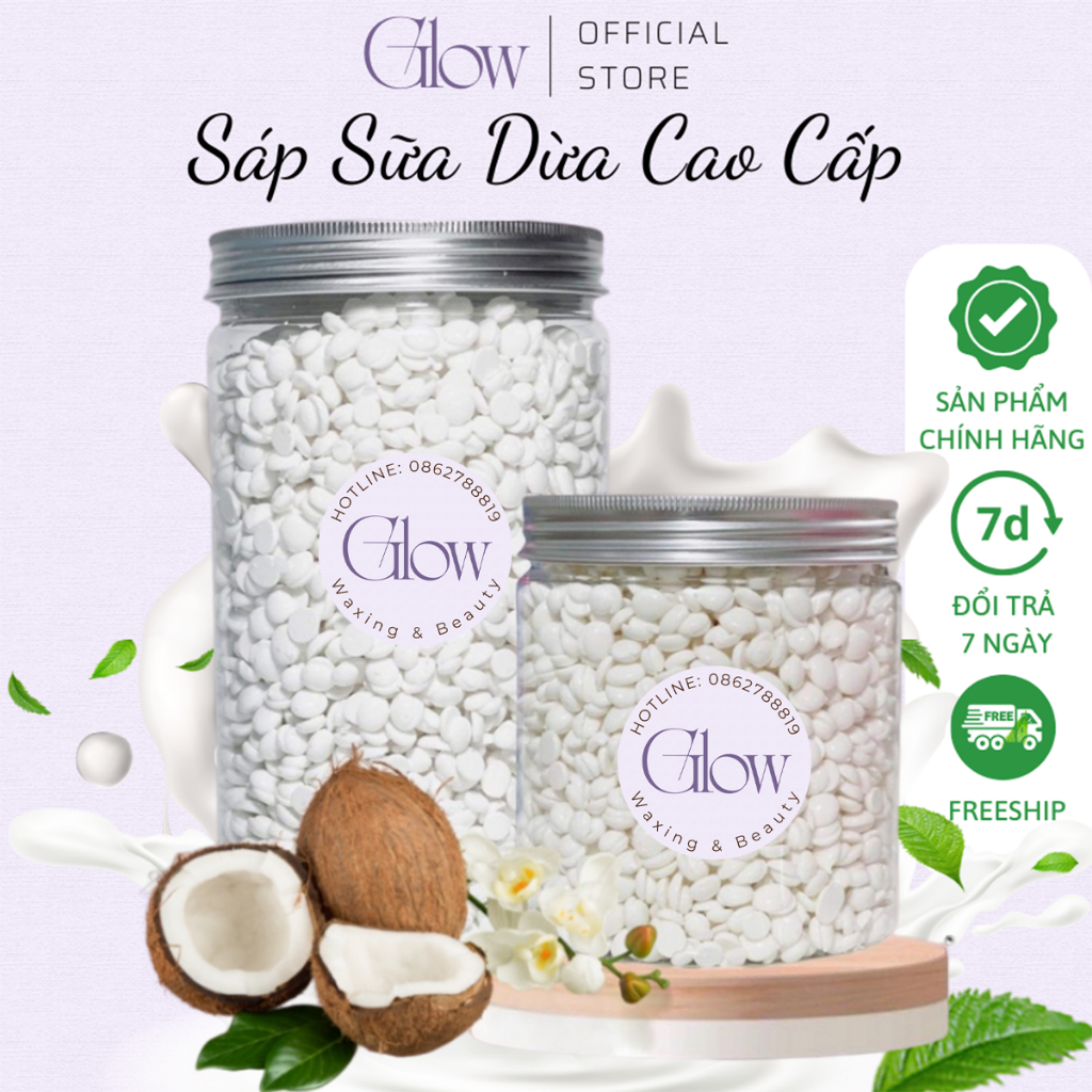 Sáp Wax Lông Nóng Sữa Dừa Cao Cấp Glow Waxing Siêu Bám Lông Chuyên Wax Bikini, Nách, Body Toàn Thân Tặng Que Gỗ Phết Sáp