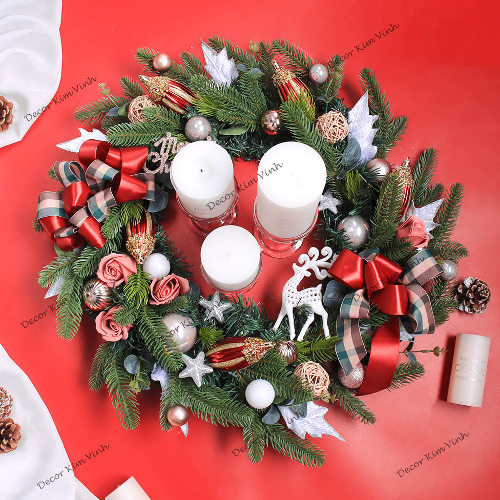 Vòng Tròn Nến Giáng Sinh DN139 60cm Vòng Nến Hươu Merry Trang Trí Noel Vintage