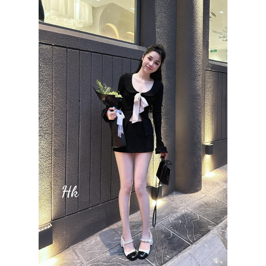 Set thun gân siêu xinh dành cho nữ kèm nơ lụa váy cạp cao tôn dáng che khuyết điểm xịn - Thời Trang Bảo Trang - Hk9.44