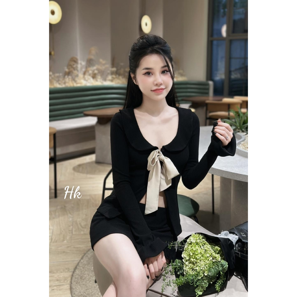 Set thun gân siêu xinh dành cho nữ kèm nơ lụa váy cạp cao tôn dáng che khuyết điểm xịn - Thời Trang Bảo Trang - Hk9.44