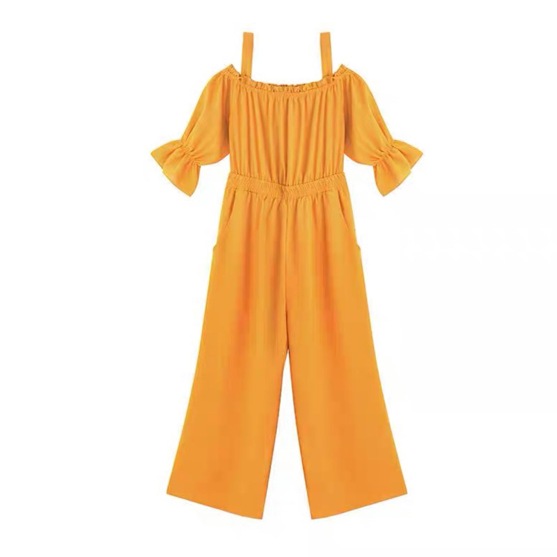 Jumpsuit vàng cam thun vai