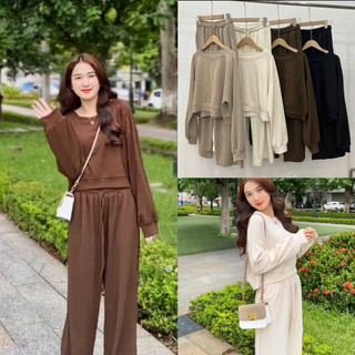 SET ÁO NỈ TĂM CỔ TRÒN CROPTOP MIX QUẦN ỐNG SUÔNG DÂY RÚT 0312 style Ulzzang
