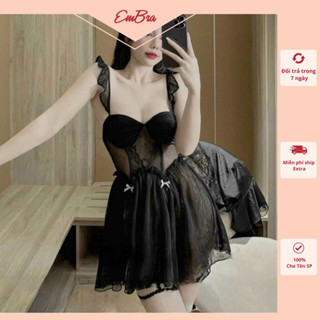 Váy Ngủ Cao Cấp Xẻ Đùi Kèm Dây Đùi Sexy, Váy Có Gọng Dẻo Nâng Ngực, Corset Thắt Eo Voan Mềm Mịn