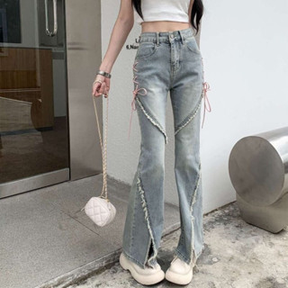 (Sẵn S, M, L) Quần Jeans Ống Loe Xẻ Tà Thắt Dây Cột Nơ Phối Tua Rua Lưng Cao Phong Cách Retro