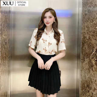 Áo sơ mi nữ cộc tay Xuu Design, Áo sơ mi kiểu họa tiết trẻ trung chất vải lụa Hàn mềm mát SK04