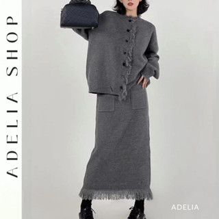 「ADELIA」Set Váy Áo Quảng Châu Cá Tính TD148 Gồm Áo Len Cổ Tròn Tua Rua Và Chân Váy Len Dáng Dài