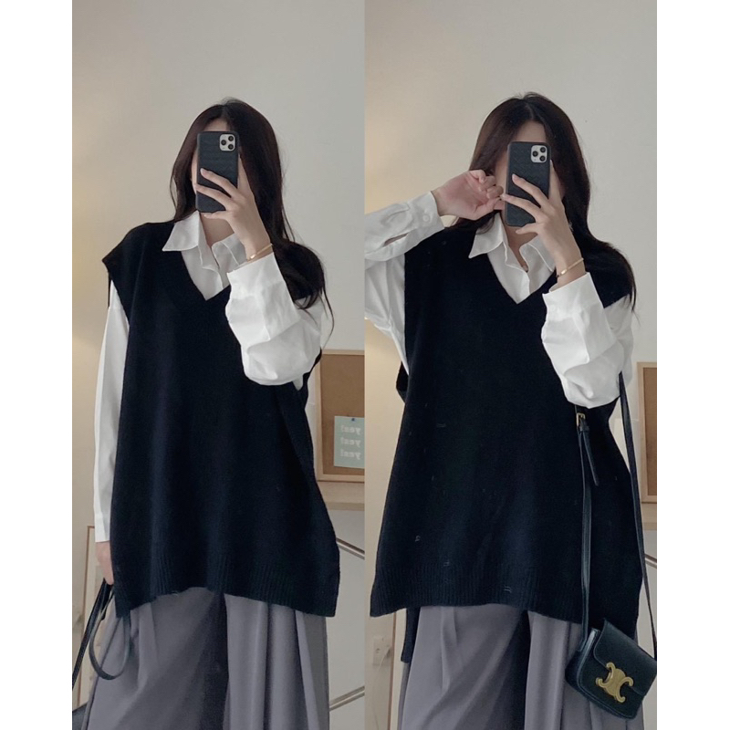 Áo gile len lông thỏ trơn XẺ VẠT hông
