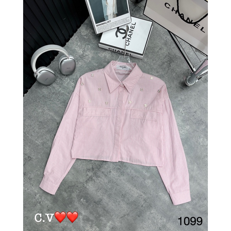 Áo sơ mi kẻ hồng đính tag C.N QCCC