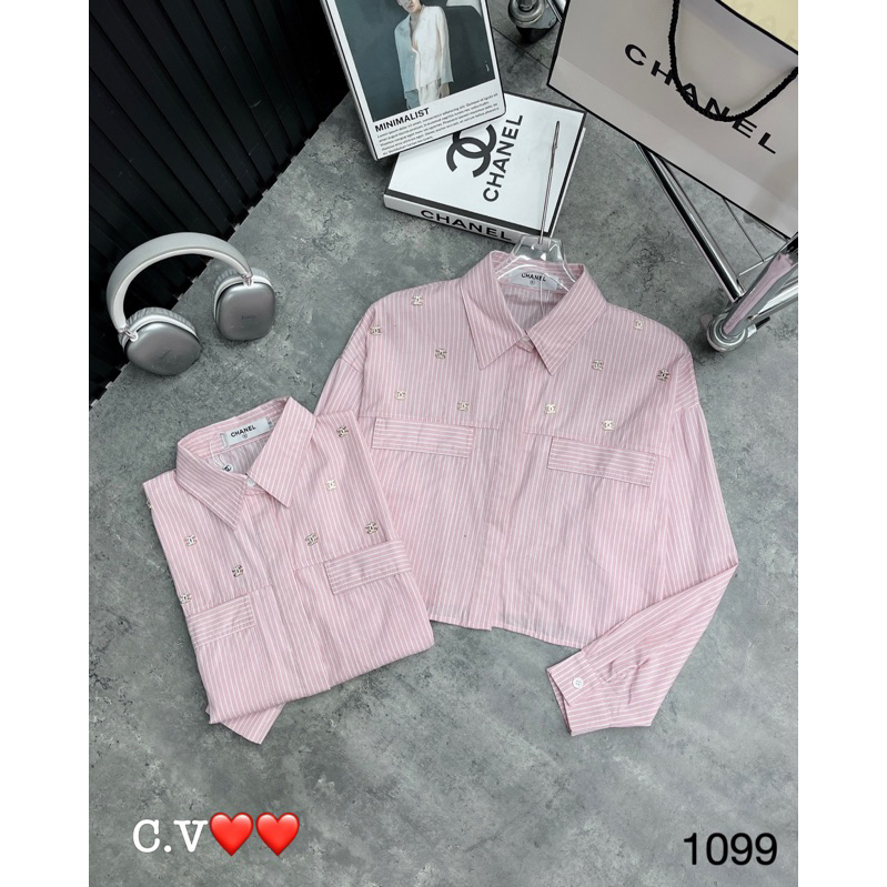 Áo sơ mi kẻ hồng đính tag C.N QCCC