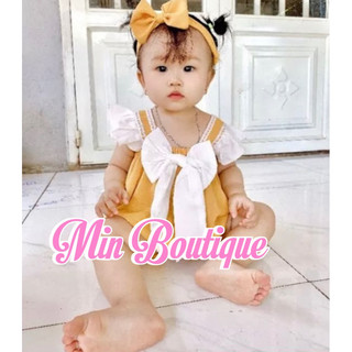 Bộ liền thân 2 dây tay bèo cánh tiên Min Boutique, kèm turban và giày cho bé gái sơ sinh 0 - 12 tháng