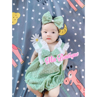 Body xanh với thiết kế 2 dây bèo đính nơ Min Boutique. Đồ đầy tháng, thôi nôi, sinh nhật cho bé gái