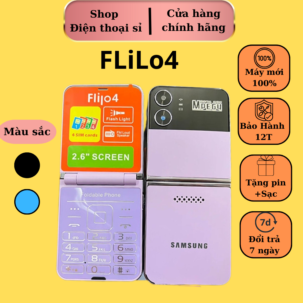 Điện thoại nắp gập Flilo4 4sim - Hàng Mới 100% Siêu Nhỏ Gọn Loa Lớn, Có Chức Năng Giả Giọng Nói - Bảo hành 6