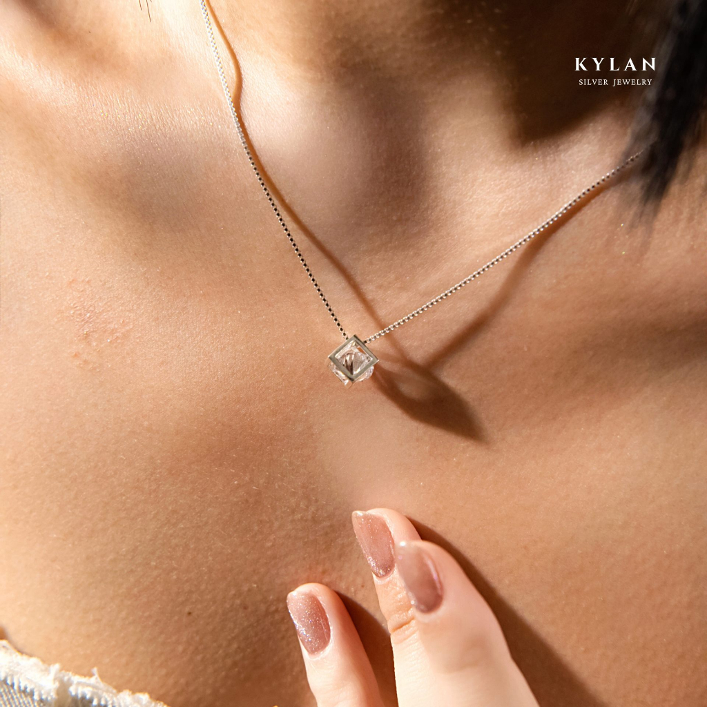 Dây Chuyền Bạc Nữ Kylan Silver KL2119 Khối Lập Phương Đá Tròn 8.0ly