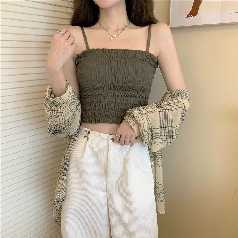 Áo hai dây thời trang nữ kèm đệm mút mỏng siêu thoải mái, bra nhún ôm body có thể tháo rời 2 dây phong cách Hàn Quốc