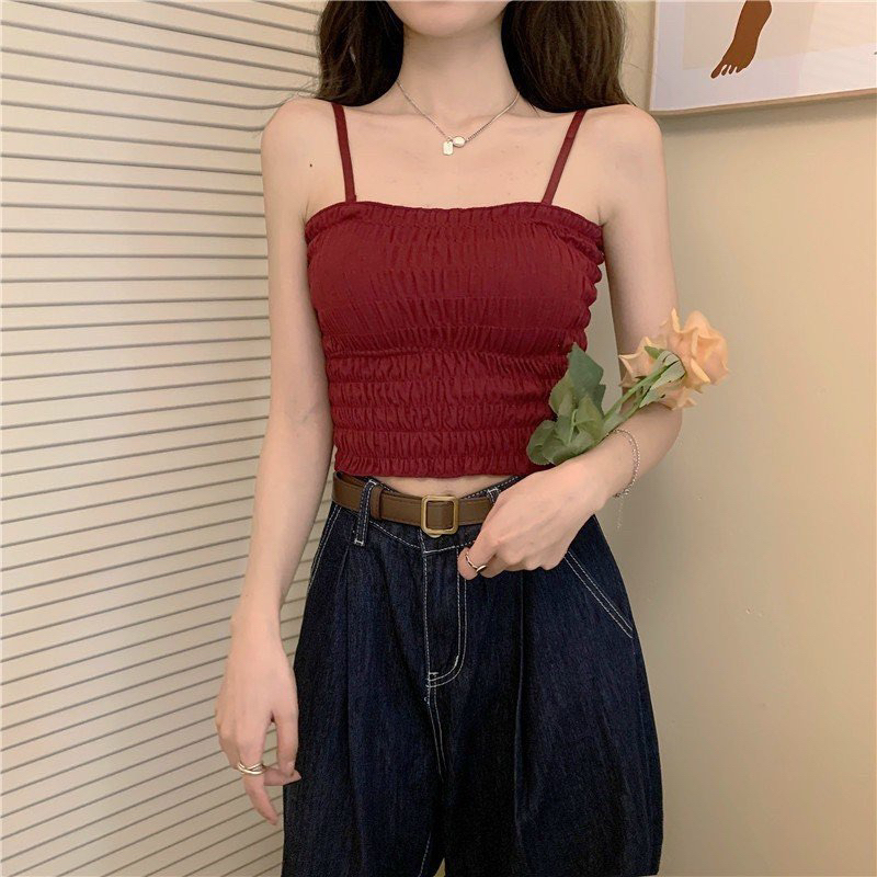 Áo hai dây thời trang nữ kèm đệm mút mỏng siêu thoải mái, bra nhún ôm body có thể tháo rời 2 dây phong cách Hàn Quốc