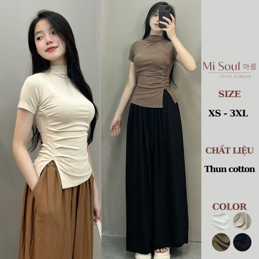 Áo Thun Cộc Tay Nữ Cổ 3 Phân Nhúm Sườn Xẻ Tà BigSize MiSoul, Áo Thun Nữ Cộc Tay Xẻ Tà BigSize MiSoul 218
