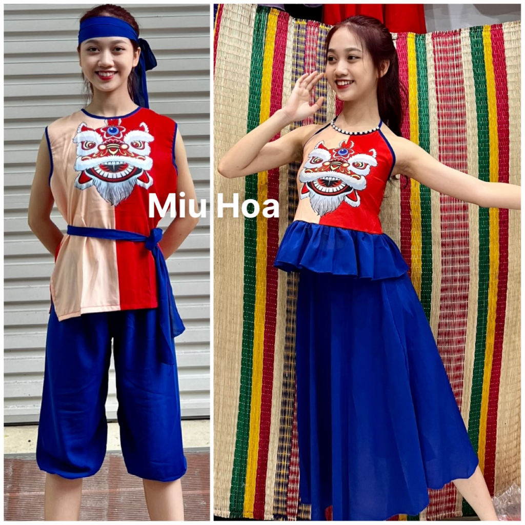 Váy yếm bé gái trung thu in hình sư tử, yếm trung thu bé gái