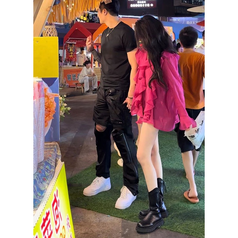 Bộ Áo Sơ Mi Tay Dài Phối Bèo + Quần Short Lưng Cao Thời Trang Quyến Rũ Cho Nữ