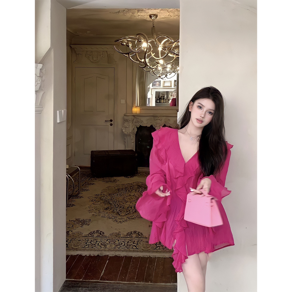 Bộ Áo Sơ Mi Tay Dài Phối Bèo + Quần Short Lưng Cao Thời Trang Quyến Rũ Cho Nữ