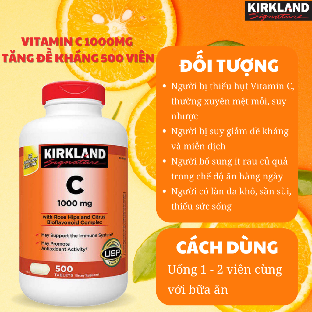 Vitamin c 1000mg Kirkland Signature hỗ trợ tăng đề kháng, sáng da hộp 500 viên extaste