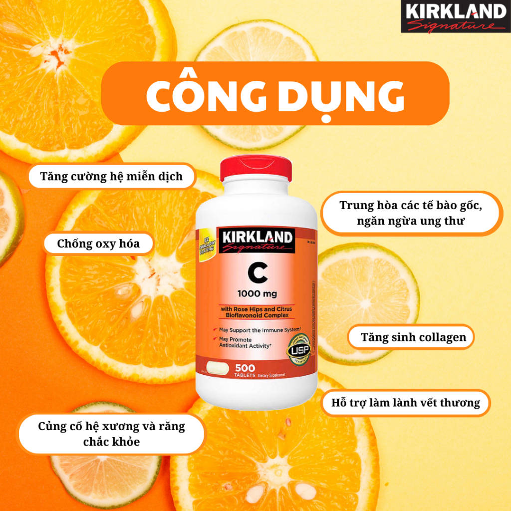 Vitamin c 1000mg Kirkland Signature hỗ trợ tăng đề kháng, sáng da hộp 500 viên extaste