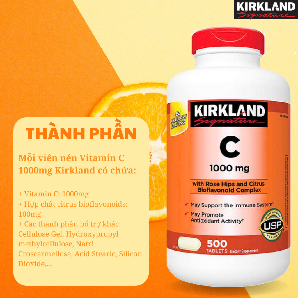 Vitamin c 1000mg Kirkland Signature hỗ trợ tăng đề kháng, sáng da hộp 500 viên extaste