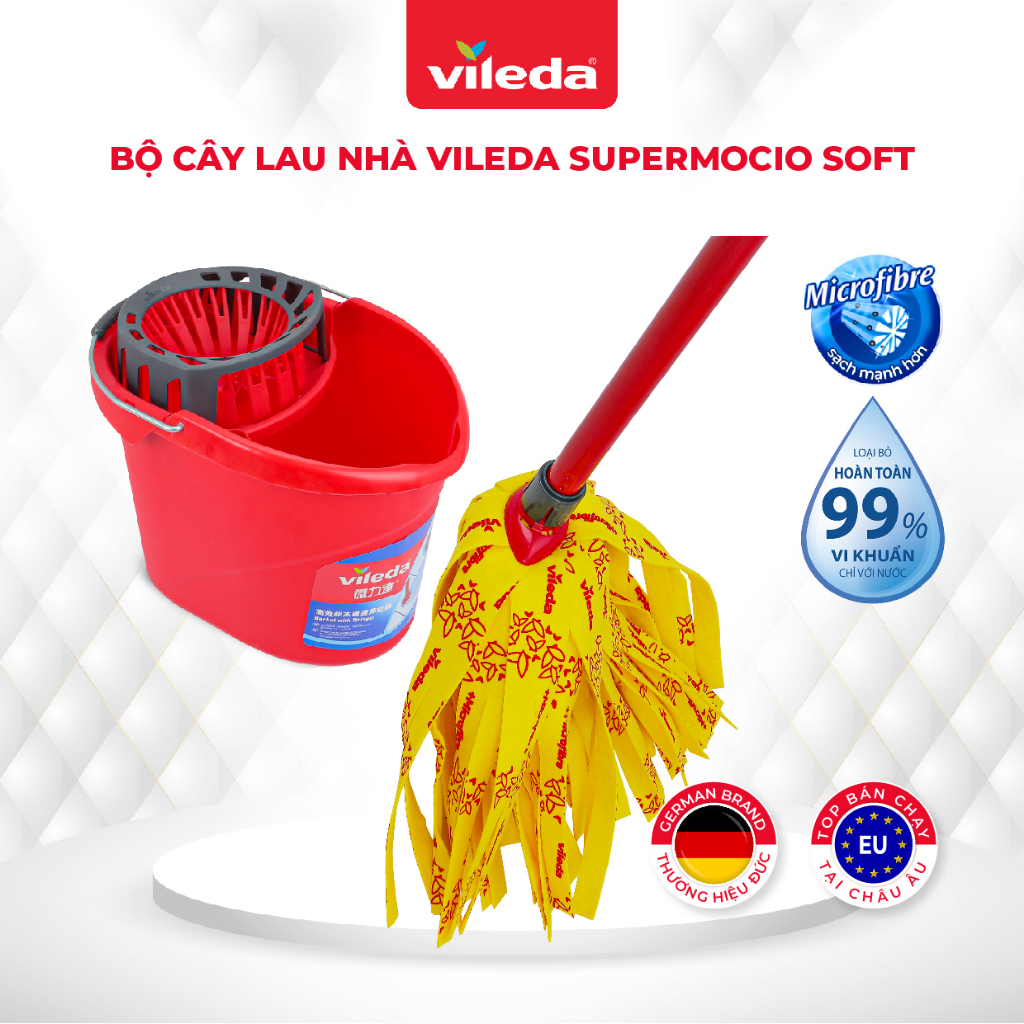 Bộ cây lau nhà VILEDA Supermocio Soft vải sợi siêu nhỏ, siêu thấm dùng cho sàn gỗ kèm xô giặt chuyên dụng S01