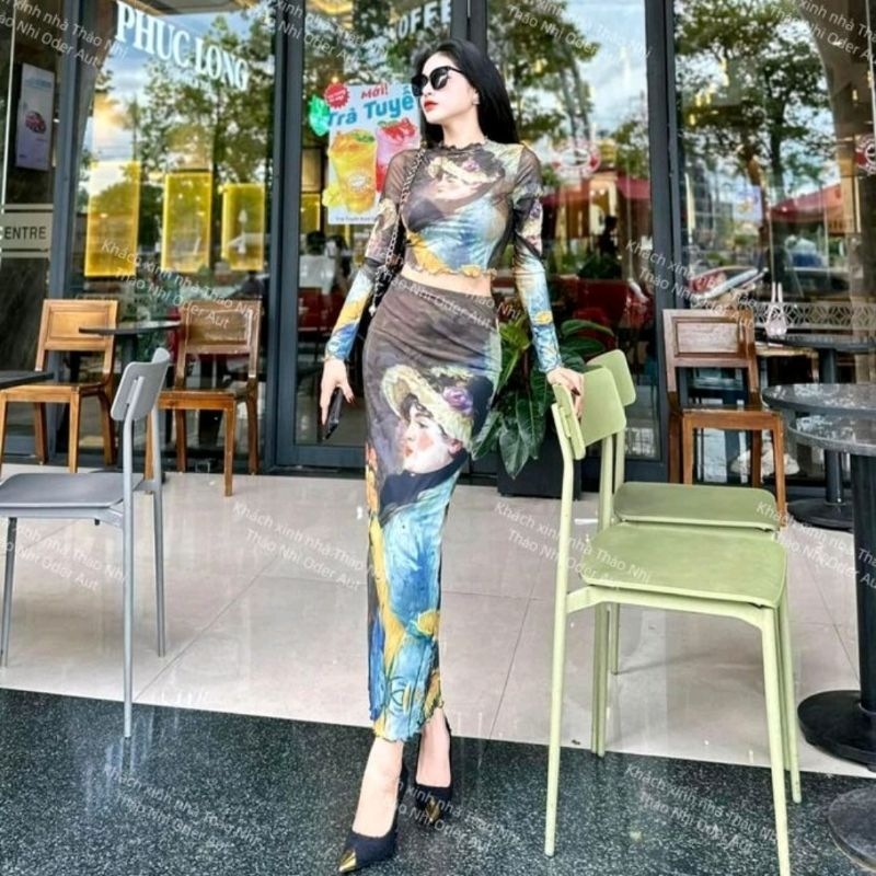 Set áo váy vải thun lưới in họa tiết cô gái có tách lẻ