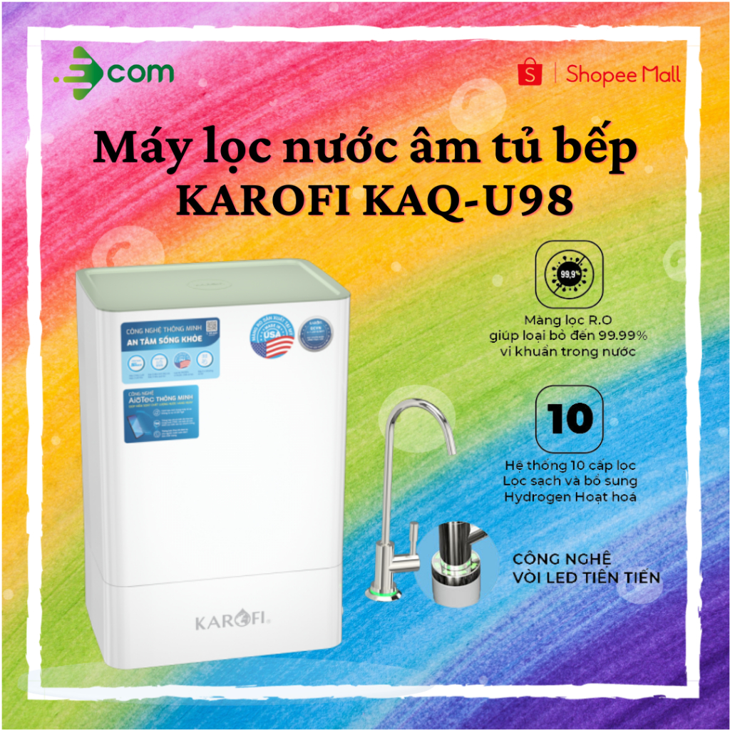 Máy lọc nước Karofi KAQ-U98 có vỏ, công suất 20l/h màng RO Mỹ, cụm hiệu suất cao HP6.2, bộ thô Smax pro V bảo hành 3 năm