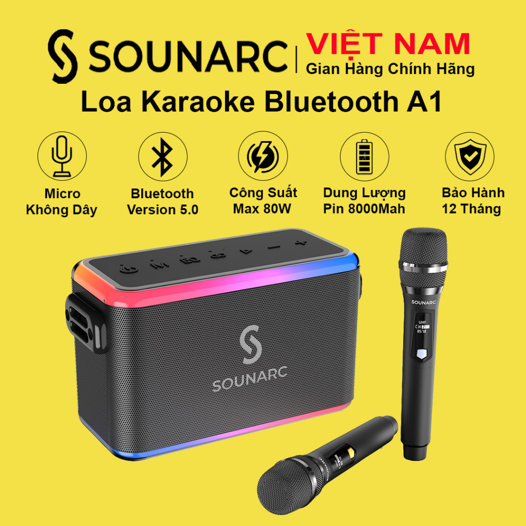 Loa Karaoke Bluetooth 5.3 SOUNARC A1 Kèm 2 Micro Không Dây, Công suất 80W, Chống Nước IPX6 - Bảo Hành 12 Tháng