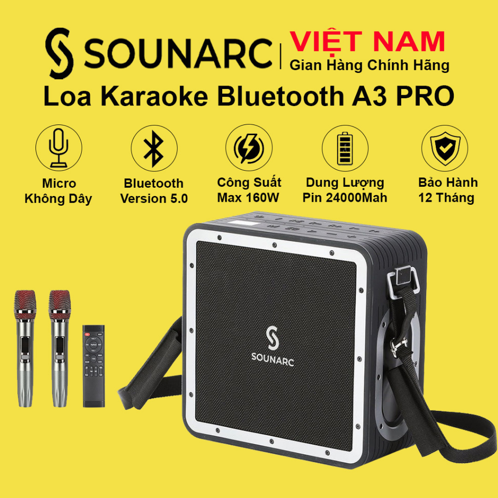 Loa Karaoke Bluetooth 5.0 SOUNARC A3 PRO + 2 Micro Không Dây, Công suất 160W, Chống Nước IPX6 - Bảo Hành 12 Tháng