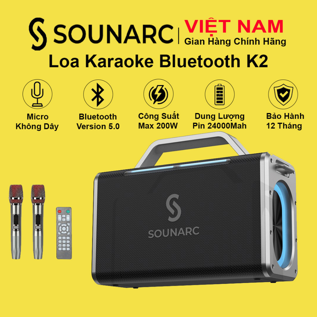 Loa Karaoke Bluetooth 5.0 SOUNARC K2 + 2 Micro Không Dây, Công suất 200W Loa di động Chống Nước IPX6 - Bảo Hành 12 Tháng