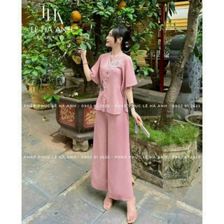 Set bộ áo bà ba thời trang nữ chất tuyết nhung thêu cổ tàu nút bọc tay ngắn xẻ lai quần dài lưng thun ống rộng maxi