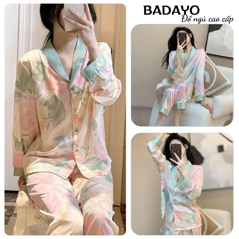 Bộ ngủ nữ pijama lụa satin dài tay in họa tiết ngọt ngào sang chảnh BADAYO