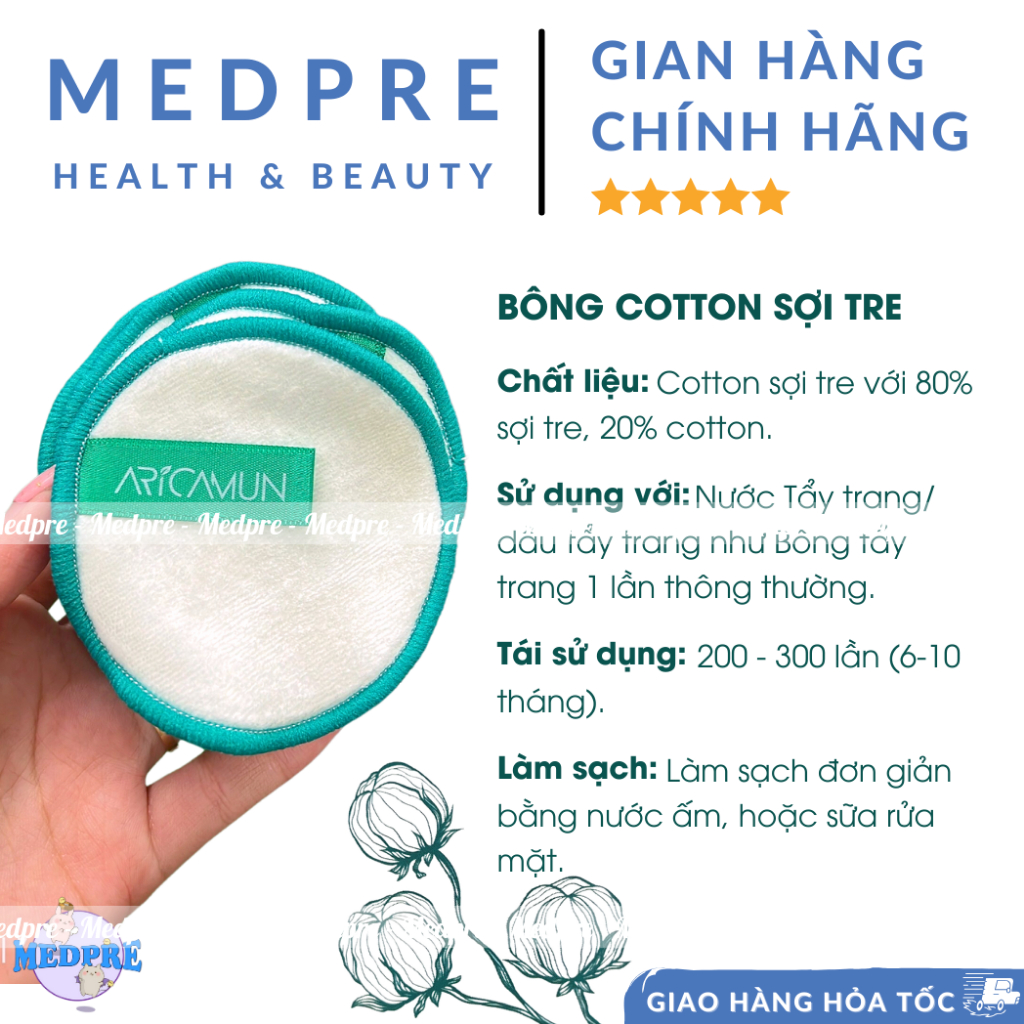 Bông tẩy trang từ hoa Cotton Aricamun - Hộp 20 miếng + 1 túi giặt bông - Medpre