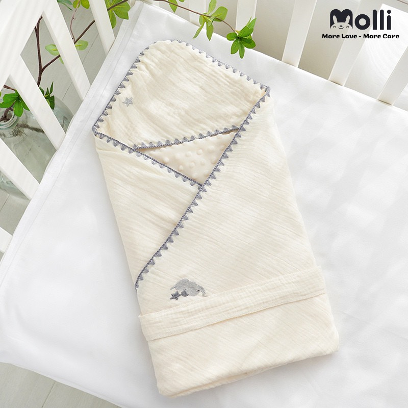 Ủ choàng vải xô họa tiết thêu xinh xắn kích thước 80x80cm cho bé