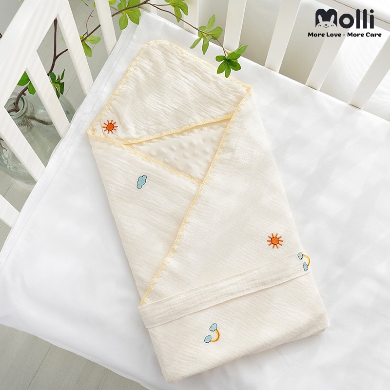 Ủ choàng vải xô họa tiết thêu xinh xắn kích thước 80x80cm cho bé