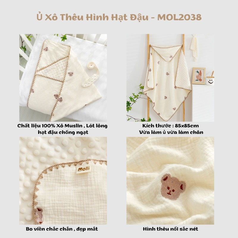 Ủ choàng vải xô họa tiết thêu xinh xắn kích thước 80x80cm cho bé